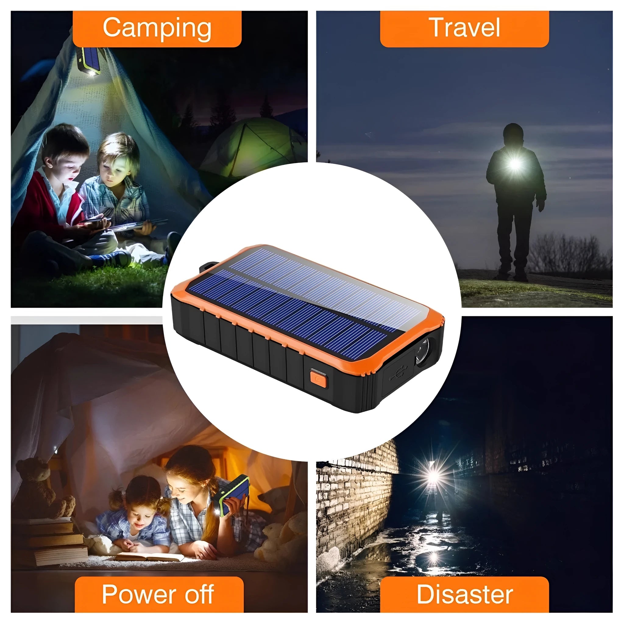 Green and orange hand crank solar power bank with unfolded solar panel and dual USB ports
