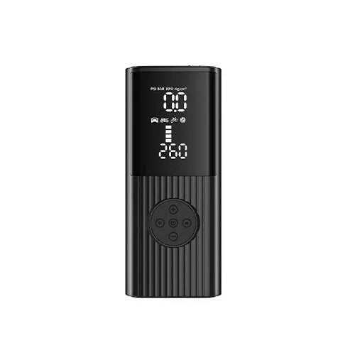 Wireless portable car tyre inflator pump with LED light and storage bag on a grey background.