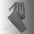 Men's thin ice silk loose fit trousers in black polyester fabric, front view, size M to 5XL