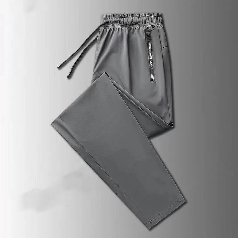 Men's thin ice silk loose fit trousers in black polyester fabric, front view, size M to 5XL
