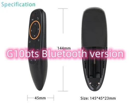 G10S intelligent voice remote control with plastic shell and silicone buttons, shown next to its packaging box.