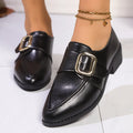 Women's simple leather shoes with a choice of large buckle bow or small bowknot decoration, pointed toe, and rubber sole.