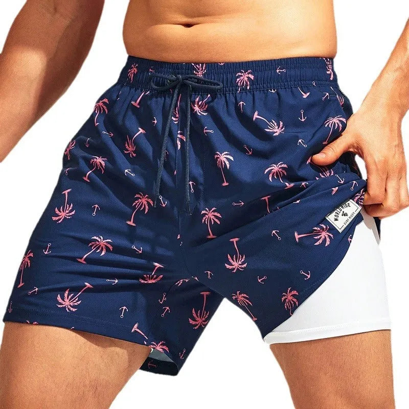 Men's loose boxer cut swimming trunks in quick-drying spandex fabric with micro-elastic properties