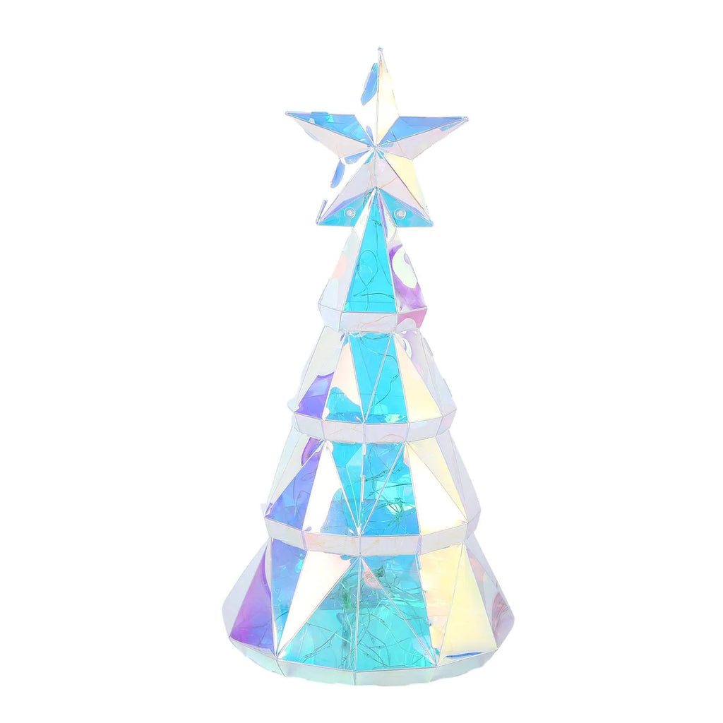 Colourful cartoon-style PET plastic Christmas tree decoration with light, 14.5cm wide by 20cm high.