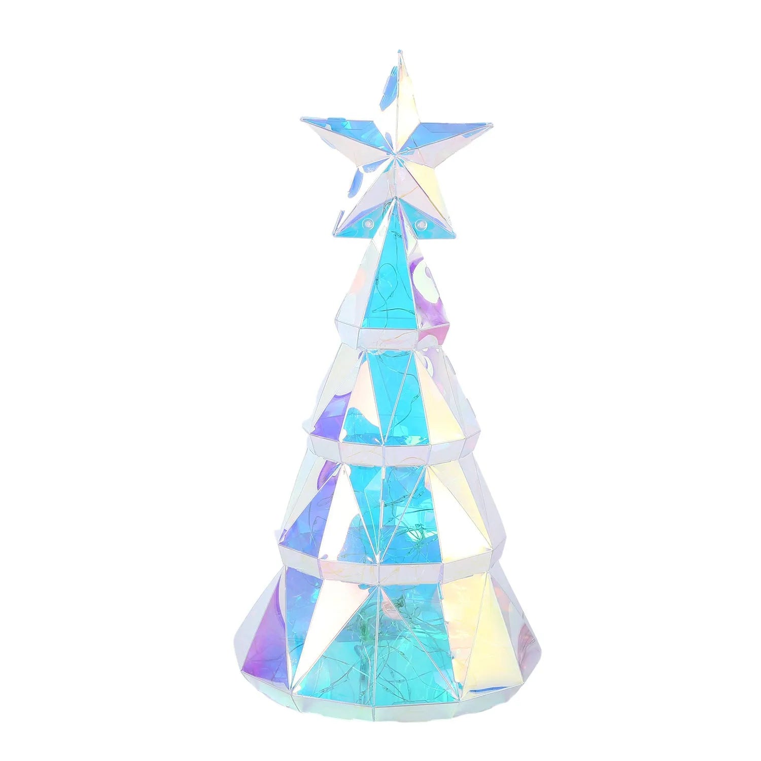 Colourful cartoon-style PET plastic Christmas tree decoration with light, 14.5cm wide by 20cm high.