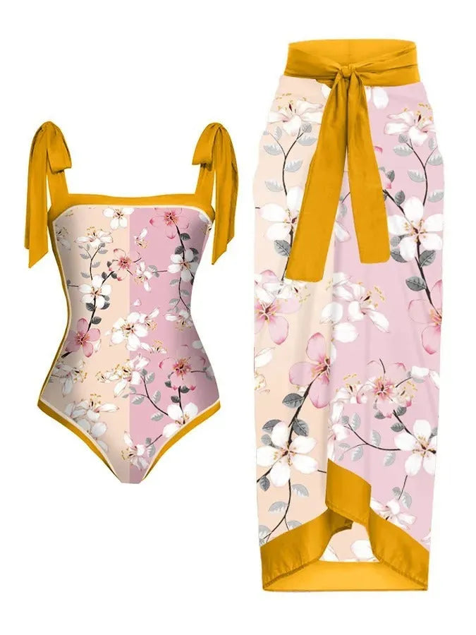 Women's printed polyester two-piece swimsuit with chiffon hip skirt in multiple colour options