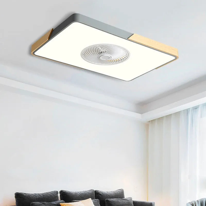 Nordic ceiling fan with light in solid wood rectangular, round, and square frame options.