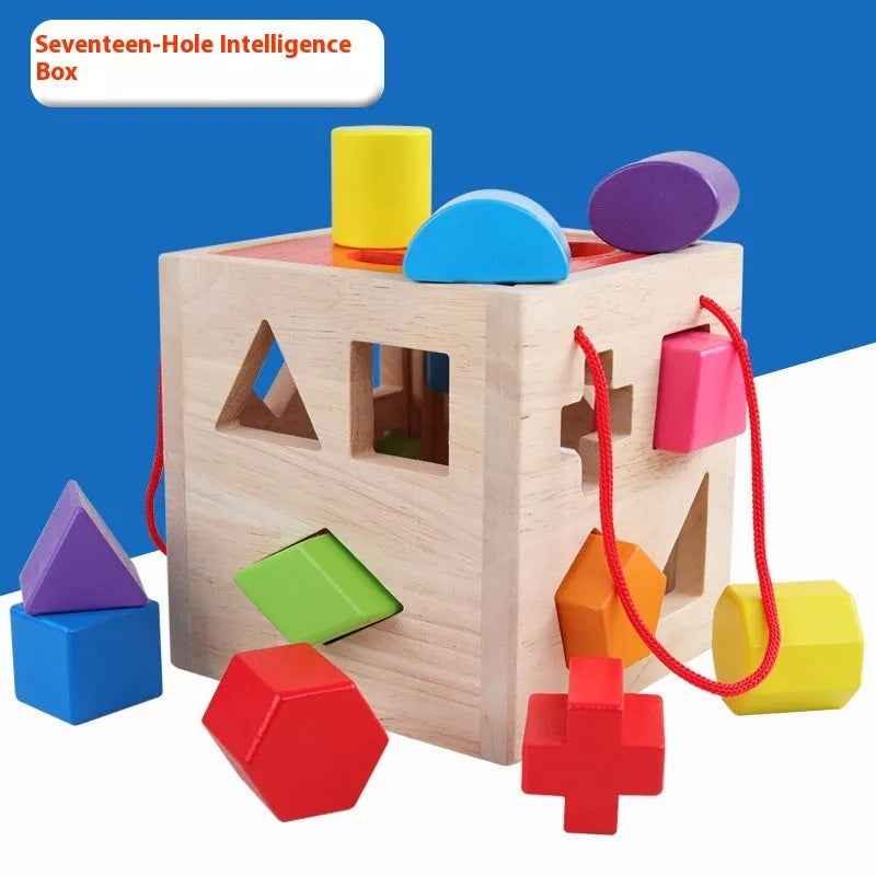 Wooden geometric shape matching building blocks set for infants with colourful pegs and intelligence boxes.