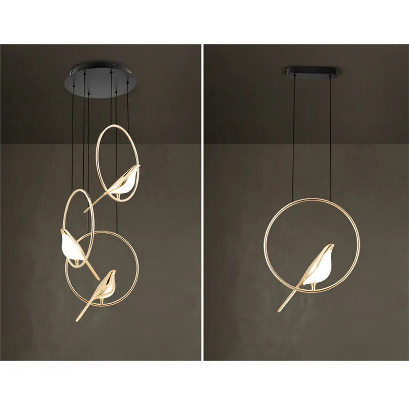 Tall, linear modern magpie bird chandelier with zinc alloy frame and acrylic details, hanging at 150cm.