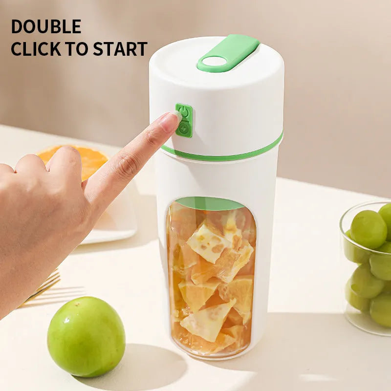 Portable USB electric juicer with 400ml PC food-grade plastic cup, available in blue, green or orange.