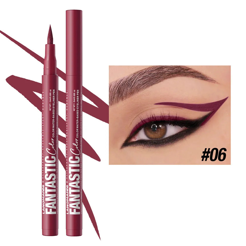 Matte anti-smudge liquid eyeliner in twelve colours including white, gold, purple, brown, blue, and iron grey