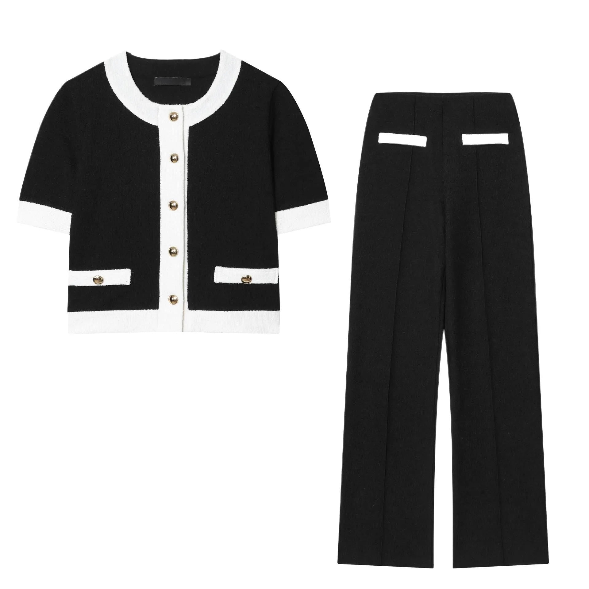 Women's two-piece polyester suit with beaded leather detail on top and high-waisted trousers