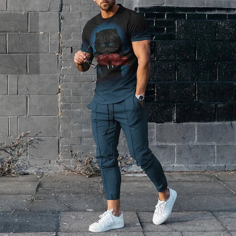 Man wearing a thin, short-sleeve polyester blend pullover and matching trousers from a sports tracksuit set.