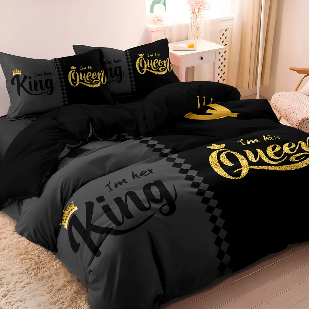 Light grey three piece quilt cover set with crown English digital print, polyester cotton, two pillowcases included
