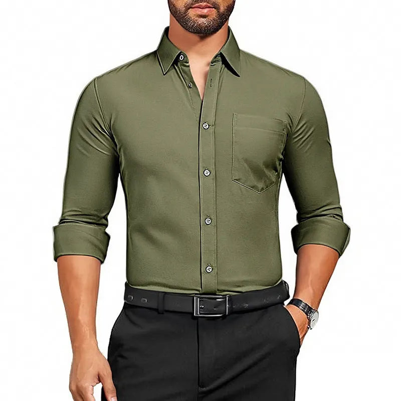 Men's breathable stretch wrinkle-resistant solid colour long sleeve polyester shirt in pearl white