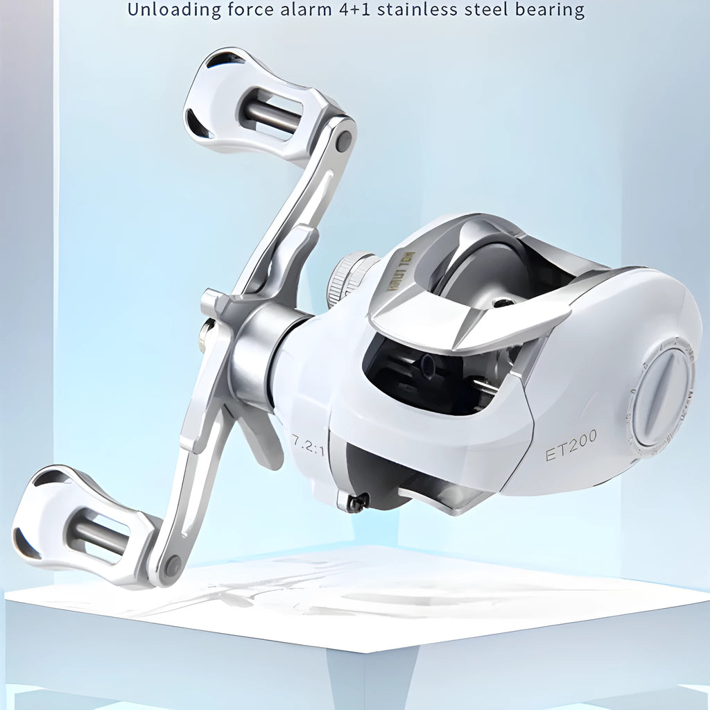 Micro baitcasting fishing reel with drop wheel design for small bait applications