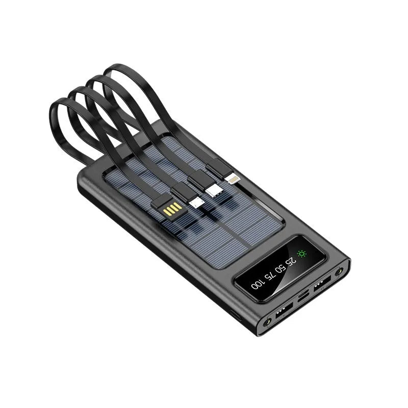 Black and white solar power bank with 20000mAh capacity and four-wire cable for mobile phones