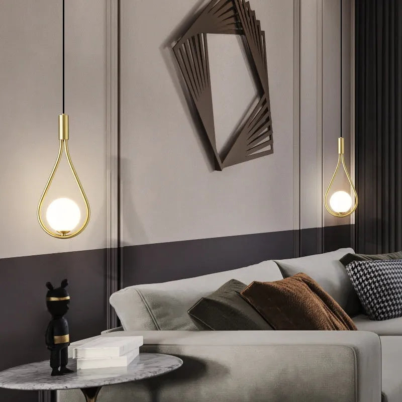 Modern minimalist copper bedside chandelier lamp with choice of light cover colours for bedroom.
