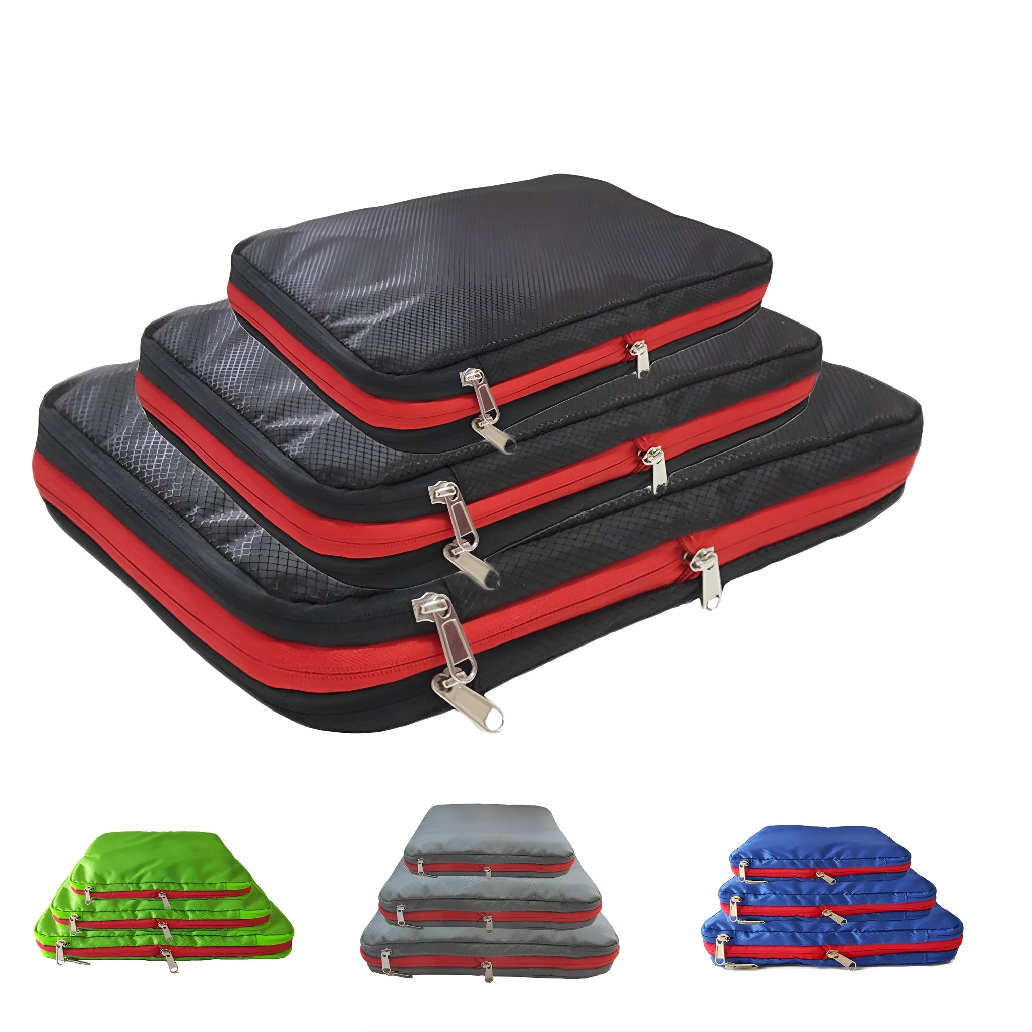 Green travel compression storage bag made of waterproof nylon in cube shape on a white background
