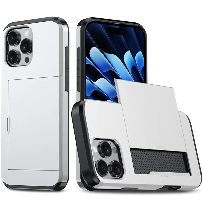 Two-in-one mobile phone case with sliding card holder for iPhone 16, TPU PC anti-drop protective case, available in Black