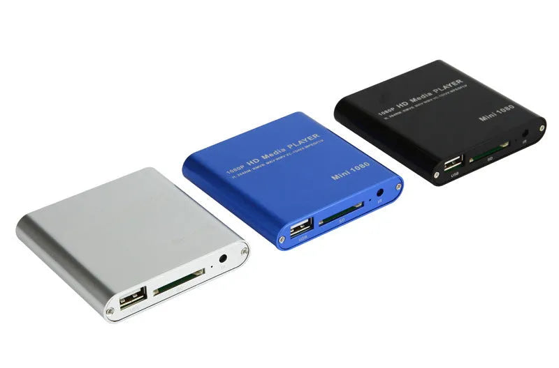 Blue or black 1080p HD media player with SD card and USB ports for video playback