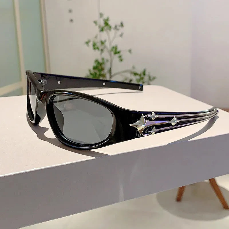 Special-shaped black frame sunglasses with blue polycarbonate lenses for outdoor sports.