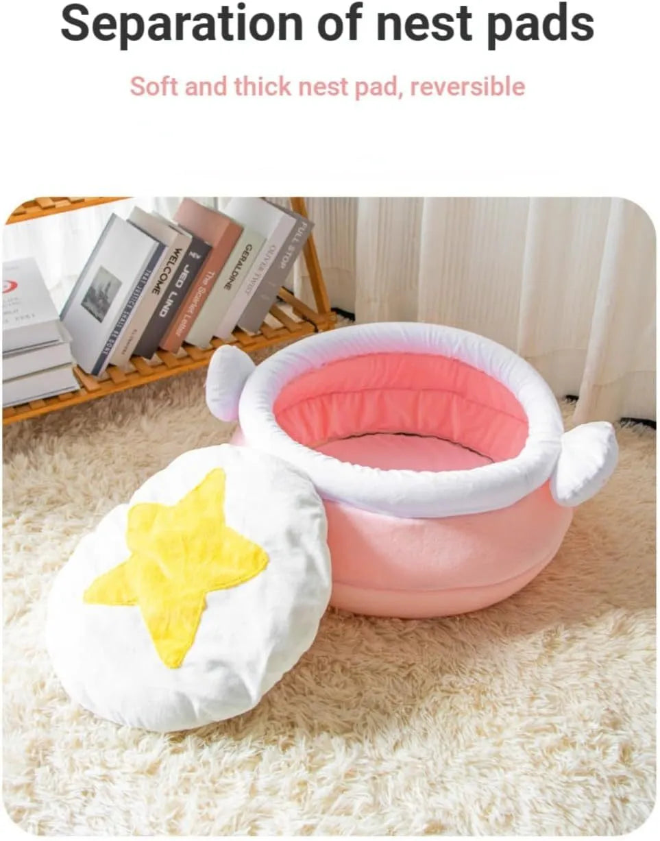 Pink and yellow honey pot shaped cat sofa bed with a removable cushion for small pets.