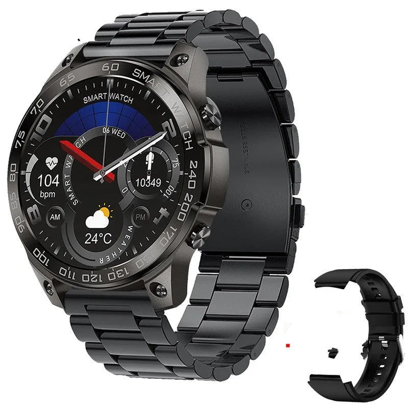 Black Bluetooth smartwatch with round AMOLED display on a silicone sports strap.