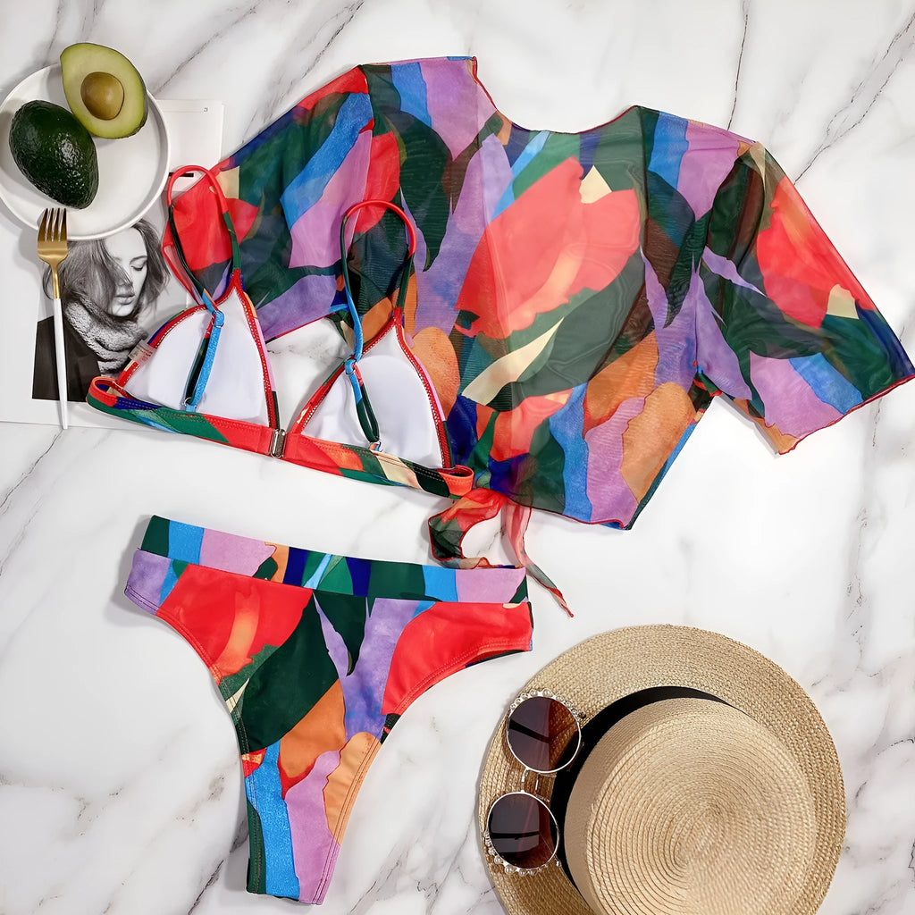 Red women's split swimsuit with European/American pattern design for swimming and surfing