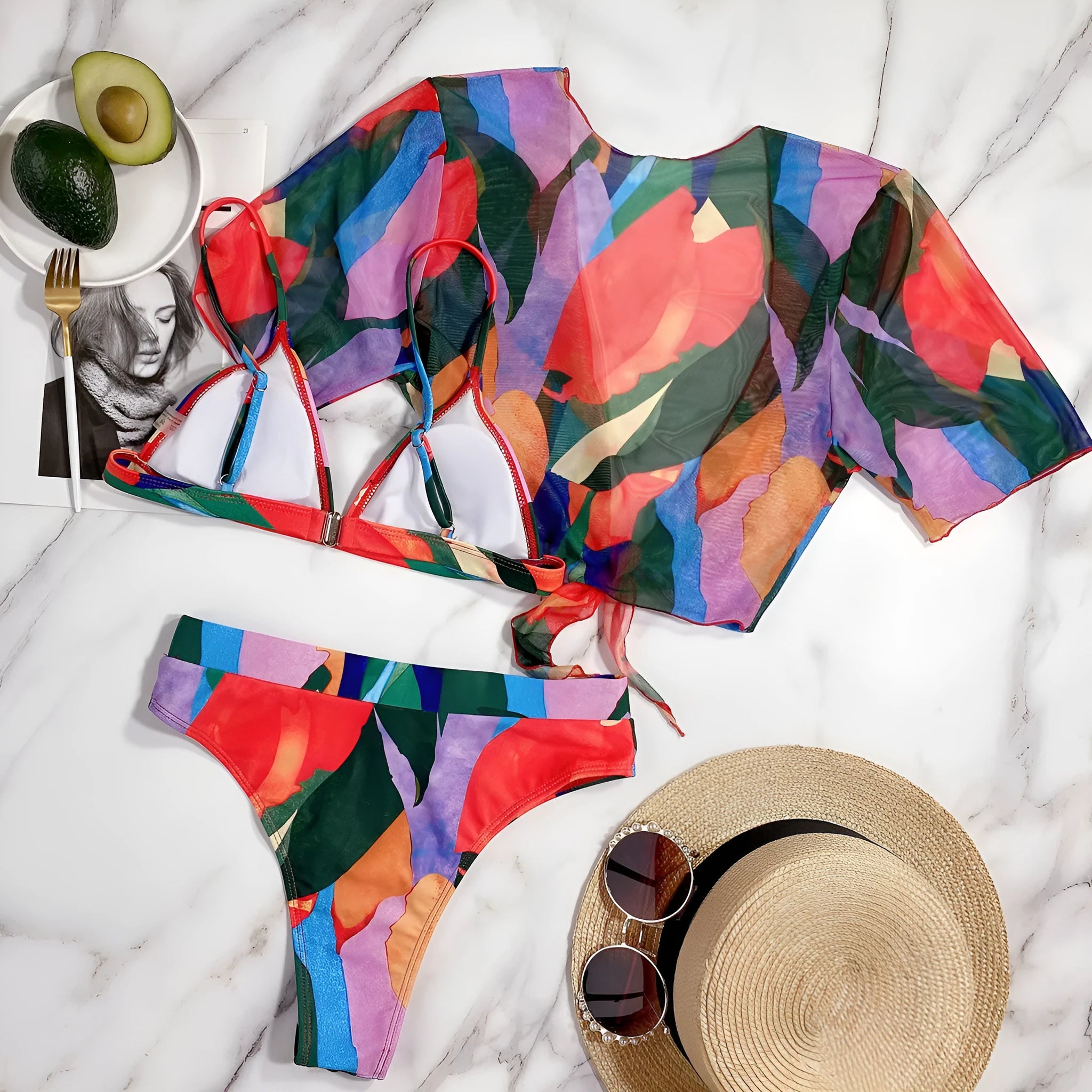 Red women's split swimsuit with European/American pattern design for swimming and surfing