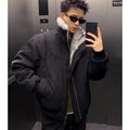 Cotton coat winter thickened flight jacket in black with side pockets and cardigan front
