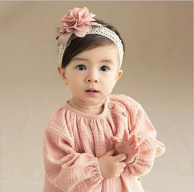 Baby lace flower headband in fabric available in Grey, Pink, and Rose Red colours