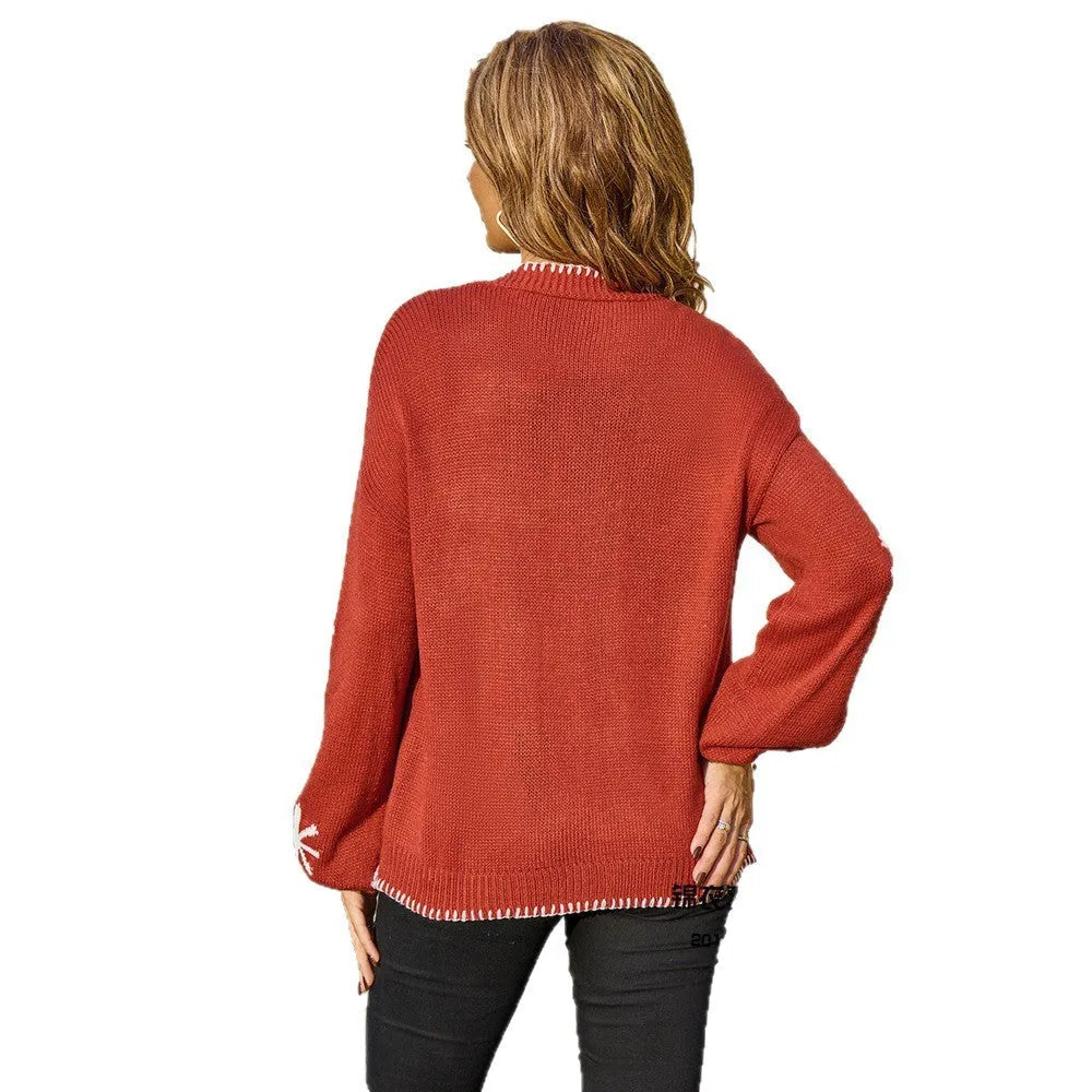 Beige plus-size women's cardigan with white Jacquard flower pattern, loose fit and off-neck design.