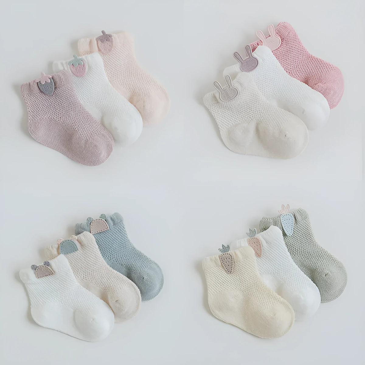 Newborn cotton summer mesh socks for babies 0-5 years, available in multiple colour styles and sizes