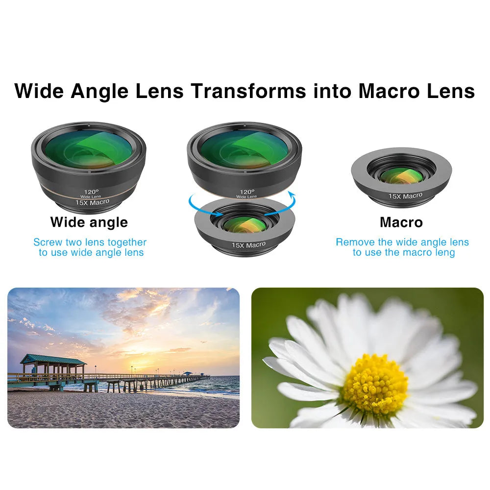 Black 6-in-1 smartphone lens kit with fisheye, macro, telephoto, CPL, and star filters next to a phone on a table.