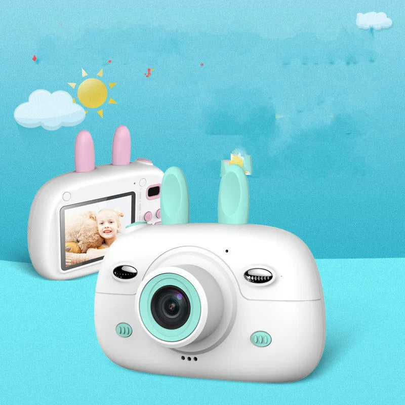 Cartoon rabbit video recorder with 1080P dual camera, double flash, zero focus lens, green or pink body