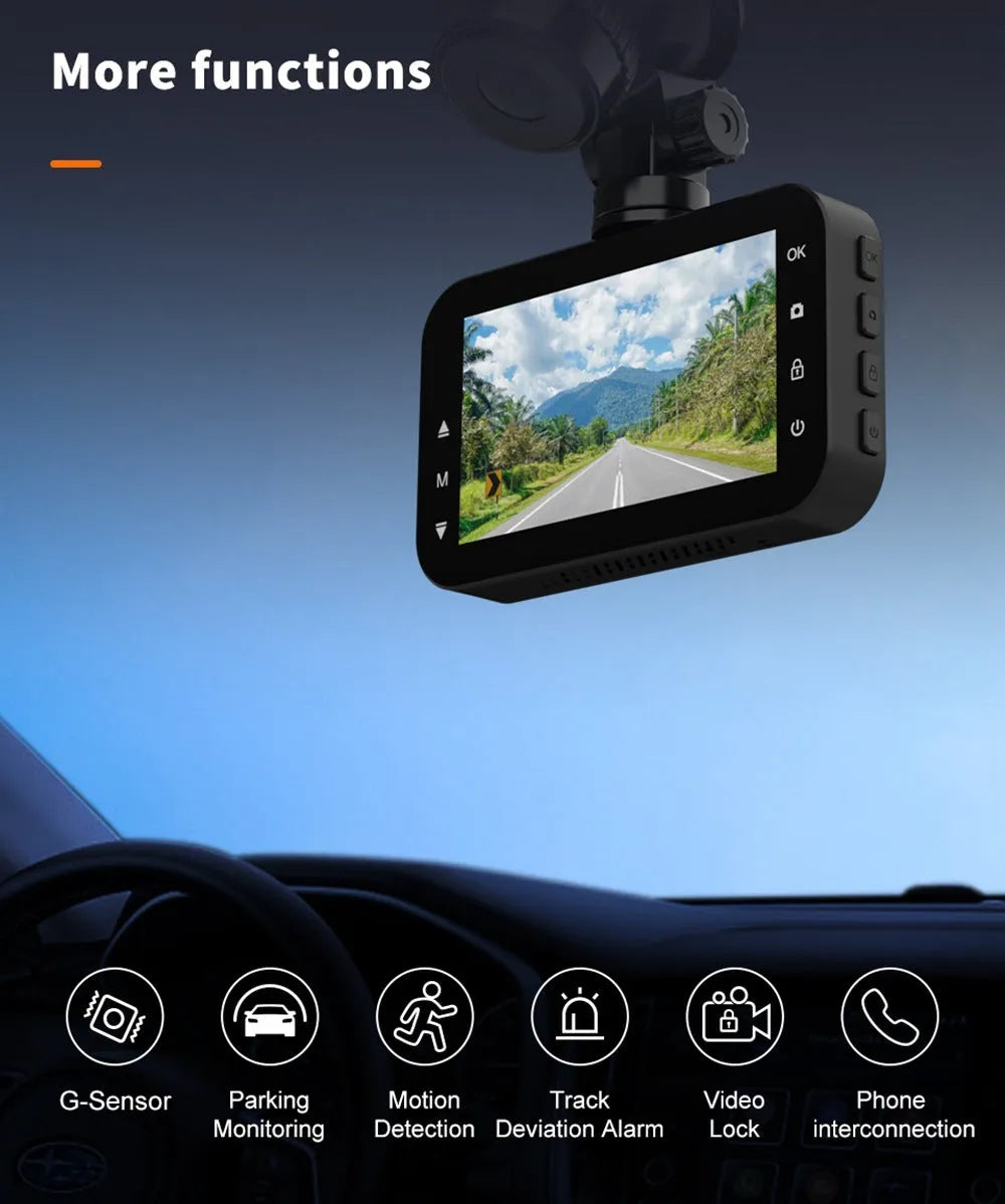 ThiEYE front and rear dash cam with 3-inch screen showing dual camera view and mounting accessories