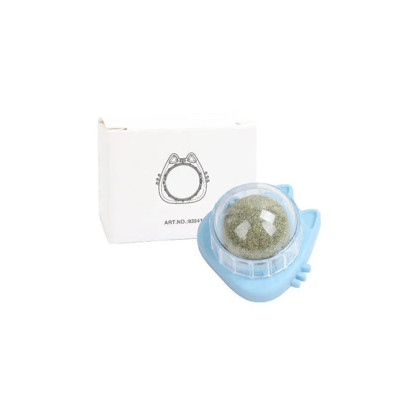 Colourful rotating catnip ball wall toy with edible mint material in cat face shape