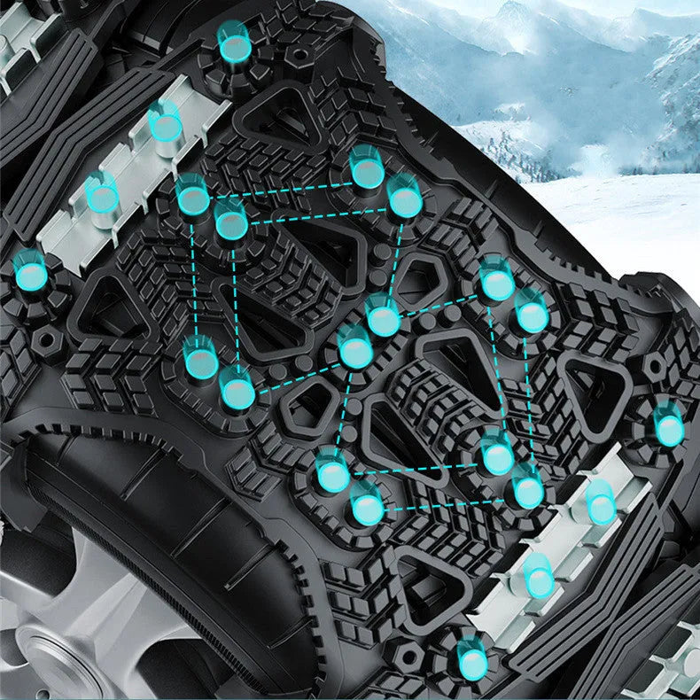 Universal tyre chain set with steel plates for cars and SUVs including tools and gloves