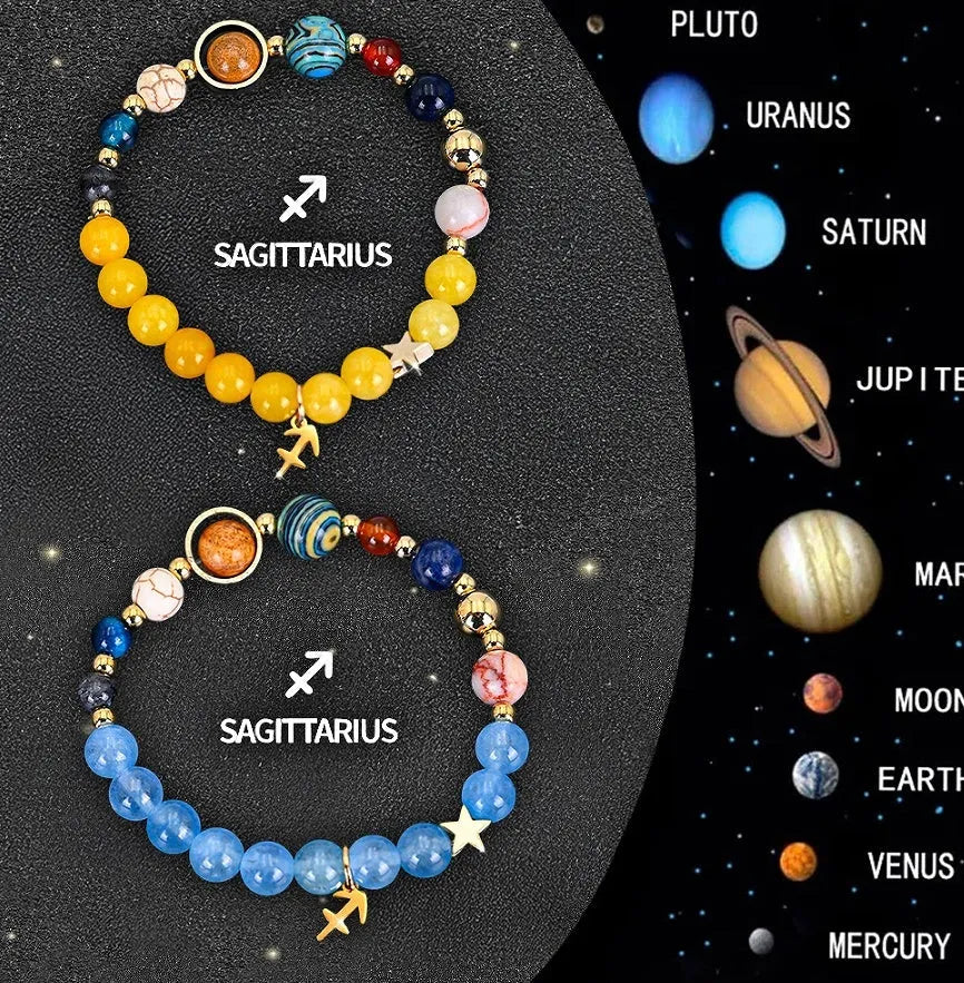 Twelve zodiac sign natural stone beaded bracelets showing different astrology designs