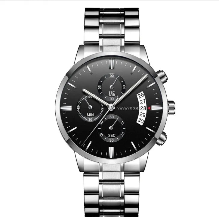Men's stainless steel quartz watch with 43mm round dial and butterfly buckle