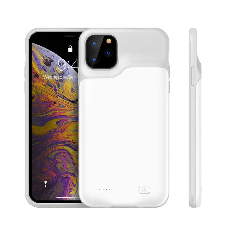 Shockproof silicone iPhone battery charging case in black, blue, pink, or white.