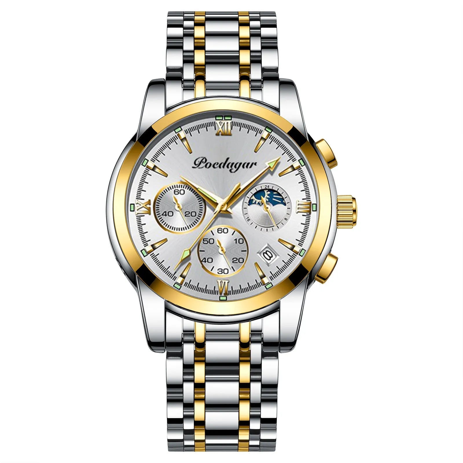 Multifunctional men's luminous waterproof quartz watch with stainless steel belt, silver case, and blue dial, 7mm thickness