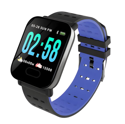 A6 smart fitness tracker with colour screen and blue silicone strap on a wrist