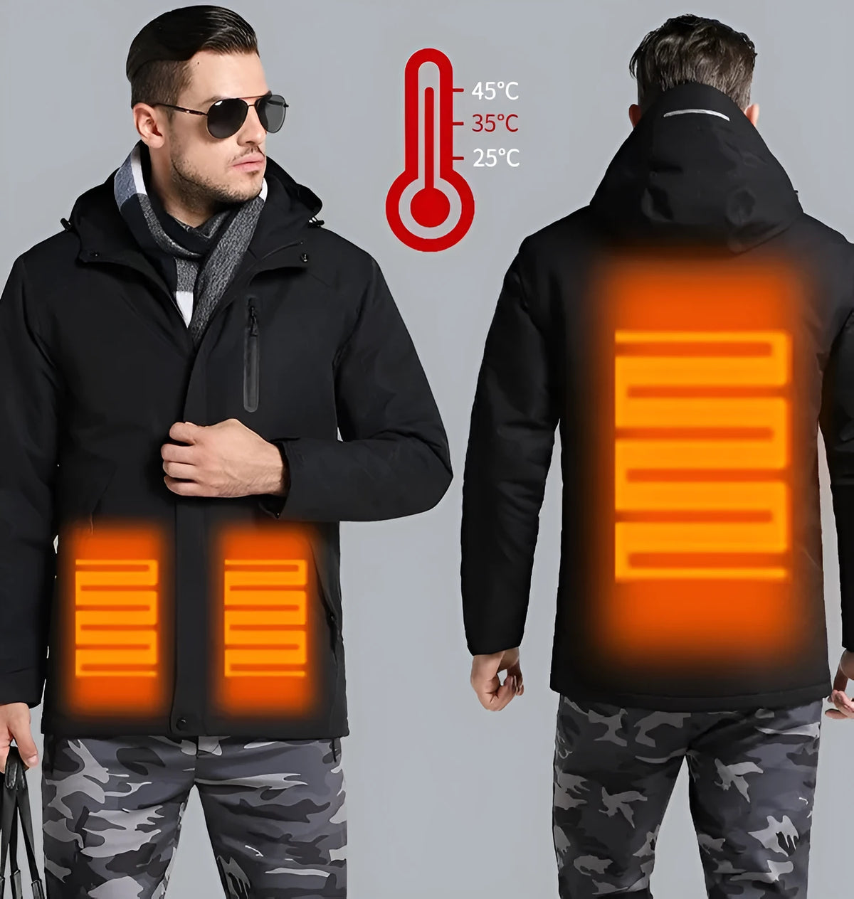 USB heated cotton jacket in black, waterproof windbreaker, men and women, sizes S-3XL