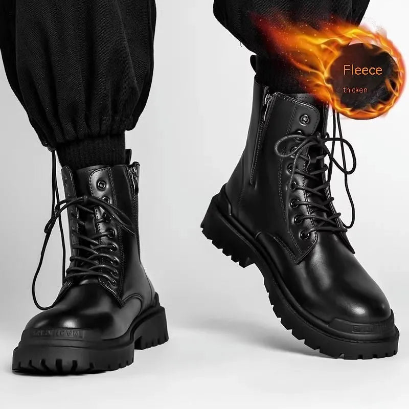 Men's black mid-top waterproof leather boots with rubber soles on size label