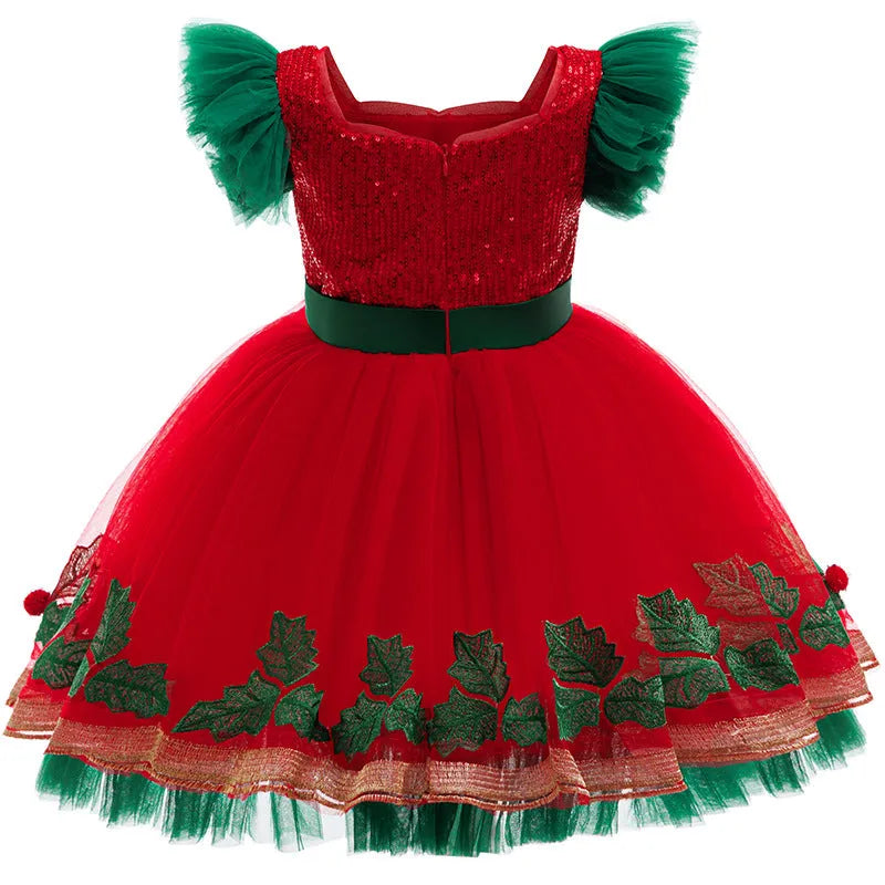 Children's colour-blocking princess dress with lace in D1557 red, suitable height 100-150cm, polyester fabric