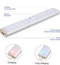 Slim rechargeable motion sensor LED light strip showing three length options on a dark background.