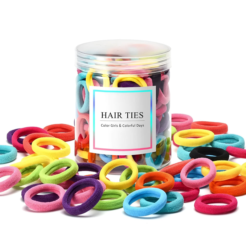 100 seamless cotton baby hair ties in 10 colours, small 0.85 inch size, in a jar.