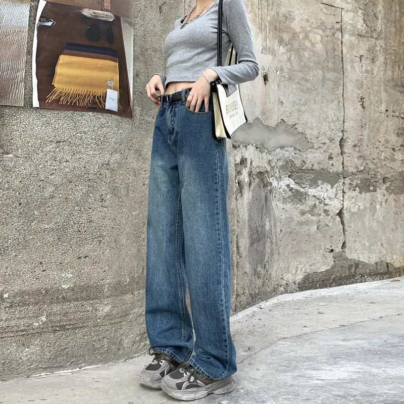 Women's retro blue high-waisted straight leg jeans shown in cropped, standard, and lengthened styles.